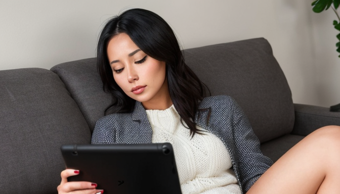 Single Frau sitzt auf dem Sofa und guckt auf ihrem Tablet nach Single Männer in ihrer Umgebung